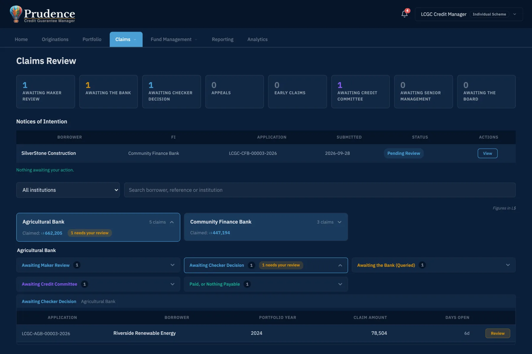 Prudence claims review screen showing each claim's stage, from maker review to board