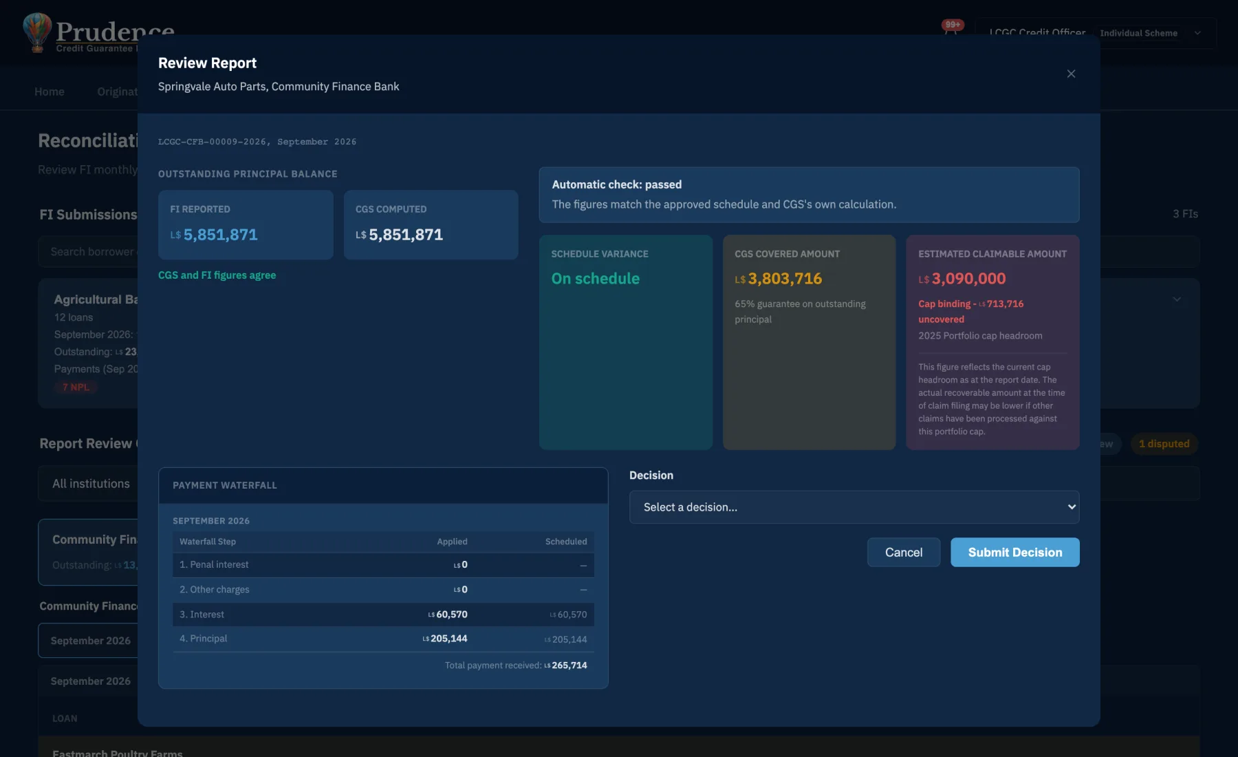 Prudence reconciliation review: the bank's reported balance and the platform's computed balance agree, with the payment waterfall